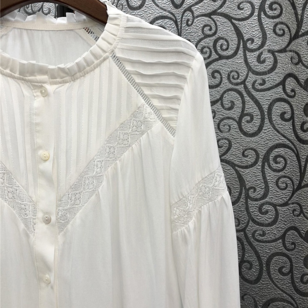 Boho White frill neck button down long sleeve top - Picture 7 of 10